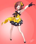  1girl :d absurdres amami_haruka armpits bare_shoulders black_dress black_gloves blush bow breasts brown_hair dress gloves green_eyes hair_ribbon highres idolmaster idolmaster_(classic) idolmaster_1 idolmaster_live_for_you! live_for_venus_(idolmaster) looking_at_viewer official_alternate_costume one_eye_closed open_mouth red_background ribbon short_hair simple_background skirt smile solo star_(symbol) takeya_yuuki yellow_dress yellow_ribbon 