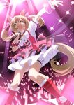  1girl absurdres animal_ears baasaku_(balasaku24) bow breasts brown_eyes brown_hair center_frills commentary frilled_thigh_strap frills glowstick hair_between_eyes hair_bow hair_ornament highres holding holding_microphone horse_ears horse_girl horse_tail long_hair microphone multiple_hair_bows open_mouth penlight_(glowstick) pink_bow pink_skirt puffy_short_sleeves puffy_sleeves purple_bow red_socks shirt short_sleeves skirt smart_falcon_(love_4ever)_(umamusume) smart_falcon_(umamusume) smile socks solo suspender_skirt suspenders tail thigh_strap twintails umamusume wrist_cuffs 
