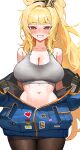  1girl arkimedes black_pantyhose blonde_hair blue_jacket blush breasts cleavage crop_top ezra_(project_moon) gloves grey_sports_bra jacket large_breasts limbus_company long_hair looking_at_viewer navel pantyhose project_moon red_eyes simple_background smile solo sports_bra standing straight-on sweat very_long_hair white_background 