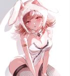  1girl :o animal_ears animal_hood armlet bare_shoulders black_leotard blush breasts brown_hair cleavage commentary_request danganronpa_(series) danganronpa_2:_goodbye_despair fake_animal_ears fishnet_thighhighs fishnets flipped_hair hai_zhi hair_ornament highres hood jewelry large_breasts leotard looking_at_viewer low_neckline medium_hair mole mole_on_breast nanami_chiaki neck_ribbon pink_eyes pink_ribbon playboy_bunny rabbit_ears rabbit_hood ribbon solo thighhighs white_leotard 