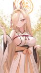  1girl animal_ears bare_shoulders black_sash black_sleeves blonde_hair blue_archive blurry blurry_background blush breasts closed_mouth collarbone commentary detached_sleeves eyeliner eyes_visible_through_hair fox_ears fox_girl hair_over_one_eye hairband halo hands_up highres japanese_clothes kaho_(blue_archive) kimono large_breasts long_hair long_sleeves looking_at_viewer makeup mole mole_under_mouth nontraditional_miko orange_hairband orange_halo orange_kimono outdoors parted_bangs pink_eyeliner sash sideboob sleeveless sleeveless_kimono smile solo split_mouth straight_hair two-tone_kimono two-tone_sleeves underbust white_kimono white_sleeves wide_sleeves wrightia yellow_eyes 
