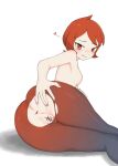 1girl :q anus arezu_(pokemon) bar_censor blush brown_eyes censored chinese_commentary closed_mouth commentary_request cowlick heart highres jiang_jiang_(swpv5248) legs_together medium_hair nail_polish pantyhose pantyhose_only pokemon pokemon_legends:_arceus pussy red_hair solo tongue tongue_out topless_female torn_clothes torn_pantyhose twitter_username white_background 
