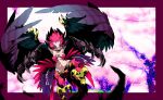  1girl blue_eyes border breasts cherry_blossoms claws collarbone commentary_request falling_feathers feathers harpuia_(sekaiju) harpy kudakitsune_(tugumi06) looking_at_viewer monster_girl navel pink_feathers pink_hair purple_border purple_feathers sekaiju_no_meikyuu sekaiju_no_meikyuu_2 short_hair small_breasts solo spiked_hair tree wings 