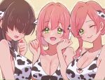  3girls :d ;) animal_ears animal_print bare_arms bare_shoulders breasts brown_hair cleavage commentary covered_eyes cow_ears cow_print facing_viewer flower green_eyes hair_flower hair_intakes hair_ornament hair_over_eyes hanazono_hahari hanazono_hakari hands_up kakure_meme kimi_no_koto_ga_dai_dai_dai_dai_daisuki_na_100-nin_no_kanojo large_breasts long_bangs long_hair looking_at_viewer mole mole_under_eye mole_under_mouth mother_and_child mother_and_daughter multiple_girls one_eye_closed open_mouth parent_and_child pink_hair short_hair simple_background smile syuuka617 upper_body yellow_background 