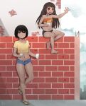  2girls :d absurdres against_wall alternate_costume alternate_hairstyle alternate_skin_color artist_name bandeau bare_shoulders barefoot bike_shorts black_eyes black_panties black_shorts blue_shorts blue_sky bob_cut breasts brick brick_wall building cleavage closed_mouth cloud cloudy_sky collarbone commentary commission cropped_shirt cup cutoffs dark-skinned_female dark_skin denim denim_shorts disposable_cup eating empty_eyes english_commentary eyelashes flip-flops food food_bite full_body green_sandals hachikuji_mayoi hair_between_eyes hair_down highres holding holding_cup holding_food leaning long_hair looking_afar looking_at_viewer midriff monogatari_(series) multiple_girls narrowed_eyes navel on_wall open_clothes open_fly open_mouth open_shorts orange_bandeau oshino_ougi outdoors panties panty_peek piancaesar rebar red_eyes sandals second-party_source shirt short_hair short_shorts short_sleeves shorts sidewalk signature sitting sky small_breasts smile soles standing standing_on_one_leg strapless stucco summer t-shirt tan teeth toes town tube_top underwear upper_teeth_only waving yellow_shirt 