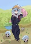  1girl aqua_hair arm_up ayanami_rei basket character_doll commentary day detached_sleeves doll english_commentary evangelion:_3.0+1.0_thrice_upon_a_time farm farmer hat highres holding holding_basket kap.o looking_at_viewer mecha_pilot_suit mud neon_genesis_evangelion partially_submerged plant plugsuit_(evangelion) rebuild_of_evangelion solo stained_clothes straw_hat 