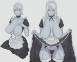 2girls absurdres black_choker black_nails black_panties blue_skin blush breastless_clothes breasts choker clothes_lift colored_skin dress dress_lift english_commentary hadago highres huge_breasts lifting_own_clothes looking_at_viewer maid maid_headdress medium_hair multiple_girls nipples panties red_eyes sagging_breasts short_hair skirt smile suspender_skirt suspenders t'au underwear warhammer_40k white_hair 