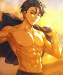  beach black_hair black_swim_trunks blue_hair commentary_request evening highres inukai_yuto male_focus mochiko0325 multicolored_hair paradox_live red_eyes seductive_smile short_hair smile sweat toned toned_male topless_male two-tone_hair upper_body 