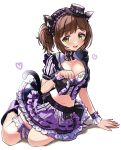  1girl animal_ears blush breasts brown_hair cat_ears cat_tail crop_top frilled_thigh_strap green_eyes hat heart highres idolmaster idolmaster_cinderella_girls looking_at_viewer maekawa_miku medium_breasts mini_hat mini_top_hat navel open_mouth paw_pose sitting skirt smile solo tail thigh_strap top_hat yuzuhota0313 