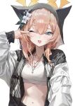  1girl absurdres alternate_costume animal_ears black_jacket black_veil blue_archive blue_eyes blush breasts cat_ears cat_girl collarbone commentary cross cross_necklace fang finger_to_eye flower hair_flower hair_ornament halo highres jacket jewelry long_hair looking_at_viewer mari_(blue_archive) navel necklace one_eye_closed open_clothes open_jacket open_mouth orange_hair pepq simple_background skin_fang solo veil white_background white_flower yellow_halo 