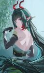  1girl absurdres arknights arknights:_endfield backless_outfit black_gloves breasts closed_mouth commentary_request detached_sleeves dragon_girl dragon_horns dragon_tail eastern_dragon_horns eastern_dragon_tail gloves green_eyes green_hair highres horns large_breasts long_hair looking_at_viewer looking_back multicolored_hair pointy_ears rain red_hair red_horns rroc_(rrck11) solo tail zhuang_fangyi_(arknights) 