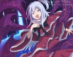  1girl black_bow black_bowtie blue_eyes bow bowtie capelet commentary_request dress grey_hair gurina_15 hair_bobbles hair_ornament highres long_hair long_sleeves looking_at_viewer multiple_wings one_side_up open_mouth purple_wings red_capelet red_dress shinki_(touhou) smile solo touhou touhou_(pc-98) very_long_hair watermark wide_sleeves wings 