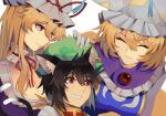  3girls animal_ear_fluff animal_ear_piercing animal_ears animal_hat blonde_hair blue_tabard breasts brown_hair cat_ears cat_tail chen choker cleavage closed_eyes closed_mouth dress earrings fang fox_tail frown gloves green_hat hair_between_eyes hat hat_ribbon headpat highres hoop_earrings jewelry kitsune large_breasts long_hair mob_cap multiple_girls multiple_tails nekomata onionmay purple_dress purple_eyes red_eyes red_ribbon red_skirt red_vest ribbon ribbon_choker shirt single_earring skin_fang skirt smile tabard tail touhou two_tails vest white_dress white_gloves white_hat white_shirt yakumo_family_(touhou) yakumo_ran yakumo_yukari 