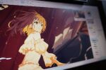  absurdres art_program_in_frame art_program_request bare_shoulders blurry book brown_eyes character_request choker color_wheel commentary copyright_request curtains depth_of_field detached_sleeves drawing_tablet dress floating_hair frilled_dress frilled_sleeves frills grand_piano highres ichikawa_haru indoors instrument long_hair looking_to_the_side parted_lips photo_(medium) piano playing_instrument playing_piano sheet_music sitting sleeveless sleeveless_dress tearing_up untranslatable_commentary wind yellow_dress 