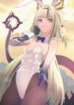  1girl absurdres alternate_costume animal_ears arknights arknights:_endfield arm_behind_back bare_shoulders blue_eyes breasts brown_pantyhose chromatic_aberration colored_extremities commentary cowboy_shot fake_animal_ears fishnet_pantyhose fishnets green_hair grin hair_intakes hand_on_own_cheek hand_on_own_face highres leotard long_hair looking_at_viewer multicolored_hair nikaidou_tetsuo pantyhose pink_hair playboy_bunny pointy_ears scales si_(arknights) side-tie_leotard small_breasts smile solo standing strapless strapless_leotard streaked_hair tail tail_raised white_hair white_leotard wrist_cuffs 