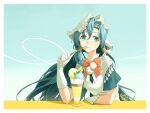  1girl 37_(a_gift_of_nourishment)_(reverse:1999) 37_(reverse:1999) :/ apron artist_name bell blue_background blue_dress blue_eyes blue_hair border bow bowtie buernia commentary_request dated dress food fruit gloves hair_bell hair_between_eyes hair_ornament hand_up highres holding holding_spoon lemon lemon_slice long_hair looking_to_the_side low_twintails parfait red_bow red_bowtie reverse:1999 short_sleeves signature solo spoon twintails upper_body utensil_in_mouth veil white_apron white_border white_gloves white_veil 