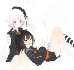  2girls animal_ear_headphones animal_ears asymmetrical_legwear beret black_coat black_hair black_hat black_sweater cat_ear_headphones cat_ears cellphone closed_mouth coat collared_coat fake_animal_ears flower gradient_hair hair_flower hair_ornament hat hat_flower hat_ribbon headphones holding holding_phone katata long_sleeves lying_on_person mahou_shoujo_no_majo_saiban multicolored_hair multiple_girls open_mouth orange_eyes orange_streaks phone pink_eyes pink_hair ribbon sakuraba_ema sawatari_coco shirt short_hair single_thighhigh sitting sleeveless sleeveless_coat smartphone smile streaked_hair striped_clothes striped_thighhighs sweater thighhighs white_background white_flower white_hair white_shirt white_sleeves yuri 