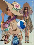  1girl alma_(monster_hunter_wilds) backpack bag ball beachball bikini black_hair blue_bag blue_bikini bracelet clothing_request commentary_request dark-skinned_female dark_skin drinking_straw earrings flower gold_bracelet hat hat_flower hibiscus highres holding holding_ball holding_beachball jewelry lips long_hair mh_mogutory mole mole_under_eye monster_hunter_(series) monster_hunter_wilds multiple_bracelets multiple_views pink_flower sandals sun_hat sunglasses swimsuit toes 