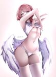  1girl artist_name breasts clothes_lift commentary crop_top ern_kri highres looking_at_viewer medium_breasts medium_hair navel panties pink_hair purple_eyes remielle_dan shirt_lift simple_background solo stomach thighhighs thighs underboob underwear undressing white_panties white_thighhighs white_wings wings zenless_zone_zero 