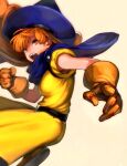  1girl alena_(dq4) armpit_peek belt black_belt blood_on_gloves blue_cape blue_hat boots breasts cape clenched_hand commentary_request cropped dragon_quest dragon_quest_iv dress floating_cape floating_hair foot_out_of_frame from_side gloves grey_background hat highres jun_(navigavi) long_hair looking_to_the_side medium_breasts nose open_mouth orange_boots orange_gloves orange_hair red_eyes short_sleeves simple_background solo teeth upper_teeth_only witch_hat yellow_dress 