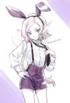  1boy androgynous animal_ear_hairband animal_ears black_necktie black_shorts braid commentary_request cowboy_shot dragon_quest dragon_quest_x elf_(dq10) fairy_wings fake_animal_ears hairband highres large_ears male_focus momo_nei necktie pink_hair pointy_ears purple_eyes rabbit_ears shirt shorts sketch solo twitter_username white_shirt wings 