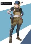  1girl absurdres arm_tattoo artist_name baseball_cap belt blonde_hair blue_eyes blue_gloves blue_hat brown_shoes bulletproof_vest commentary elf english_commentary english_text frosty_persimmons gloves glowstick gun handgun hat headset heart highres holster magazine_(weapon) original pants pointy_ears ponytail radio_antenna shoes short_sleeves shorts tattoo thigh_holster weapon yoga_pants 