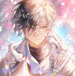  1boy arknights arknights:_endfield black_hair endministrator_(arknights) hair_over_one_eye highres jacket looking_to_the_side male_endministrator_(arknights) male_focus oka_(prozetxxxxx) outdoors portrait short_hair solo teeth 