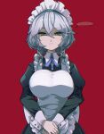  ... 1girl apron back_bow black_dress blue_eyes bow braid breasts closed_mouth commentary_request dress frown green_bow grey_hair hair_bow highres izayoi_sakuya juliet_sleeves large_breasts long_hair long_sleeves looking_at_viewer maid maid_apron maid_headdress puffy_sleeves red_background shaded_face simple_background solo spoken_ellipsis tami_(joemanyodw) touhou twin_braids white_apron white_bow 