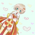  1girl arch_bishop_(ragnarok_online) blue_background blue_eyes blush brown_hair closed_mouth commentary_request cowboy_shot cross dormir_(challco) dress fishnet_thighhighs fishnets frilled_thighhighs frills glasses hair_ornament heart heart_hair_ornament juliet_sleeves long_sleeves looking_at_viewer lowres puffy_sleeves ragnarok_online red-framed_eyewear red_dress sash short_hair smile solo thighhighs two-tone_dress white_dress white_thighhighs yellow_sash 