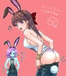  !? 2girls animal_ear_hairband animal_ears aqua_skin ass black_bow black_bowtie bow bowtie bracelet braid breasts brown_hair colored_skin commentary_request crescent crescent_earrings dragon_quest dragon_quest_x dressing earrings fake_animal_ears fake_tail fins fish_girl hair_bow hairband head_fins heroine_(dq10) jewelry large_breasts looking_back momo_nei multiple_girls nontraditional_playboy_bunny open_mouth panties pink_hair purple_eyes purple_panties rabbit_ears rabbit_tail red_background red_bow side_braid sideboob sweatdrop tail translation_request underwear weddie_(dq10) 