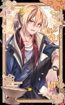  1boy absurdres black_pants blonde_hair border commentary_request countdown egasumi highres jacket jewelry kyoto_xanadu looking_at_viewer male_focus nakiri_kazuki necklace open_mouth ornate_border pants ponytail solo v-shaped_eyebrows watch willfin wristwatch yellow_eyes 