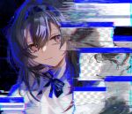  1girl arknights black_background black_bow black_bowtie black_hair bow bowtie commentary_request distortion eyelashes fumi_(rdbm) glitch hair_between_eyes hair_intakes highres light_smile looking_at_viewer portrait priestess_(arknights) purple_eyes smile solo window_(computing) 