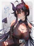  1girl :3 ahoge arm_tattoo arms_at_sides bare_shoulders black_bustier black_hair breasts bustier cleavage closed_mouth collar collarbone commission demon_tail dot_nose flower grey_background hair_between_eyes hair_flower hair_intakes hair_ornament heart highres id_card indie_virtual_youtuber jewelry long_hair looking_at_viewer necklace pyampom simple_background solo spider_lily tail tattoo upper_body vanilluu_(vtuber) virtual_youtuber yellow_eyes 