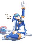  1girl armor blue_armor blue_eyes blue_helmet breasts commentary_request fairy_leviathan_(mega_man) forehead_jewel full_body helmet highres holding holding_polearm holding_weapon mega_man_(series) mega_man_zero_(series) omochi_(mochi_skymega) polearm simple_background solo spear weapon white_background 