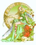  1girl alternate_hair_length_(longer) barefoot blonde_hair closed_mouth commentary dress english_commentary escudo_sword_(rayearth) feather_hair_ornament feather_hairband feathered_wings feathers floating_hair flower flower_request full_body glasses gloves gown greatsword green_dress green_eyes green_nails hair_ornament hairband highres holding holding_sword holding_weapon hououji_fuu long_dress long_hair looking_at_viewer magic_knight_rayearth nail_polish negi_(fufufuyu) parted_bangs puffy_short_sleeves puffy_sleeves red_hairband short_sleeves sitting solo sword train_(clothing) very_long_hair weapon white_wings wings yellow_gloves 