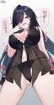  1girl absurdres ass_visible_through_thighs babydoll black_babydoll black_hair black_panties breasts colored_speech_bubble commentary_request from_below hair_over_one_eye hand_up highres large_breasts long_hair looking_at_viewer looking_down mole mole_under_mouth motion_lines musical_note navel original panties parted_lips purple_eyes ramchi smile speech_bubble thighs translation_request underwear 
