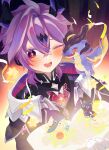  1boy absurdres book cat commentary_request dragon dragon_boy dragon_horns dragon_wings durin_(genshin_impact) genshin_impact hair_between_eyes heart-shaped_gem highres horns looking_at_viewer male_focus mandarin_collar one_eye_closed open_mouth purple_hair small_dragon star_(symbol) upper_body user_ckgs2328 wings 