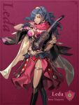  1girl blue_eyes blue_hair breasts character_name circlet cloak commentary crescent crescent_earrings dark-skinned_female dark_skin earrings english_commentary english_text fire_emblem fire_emblem:_fortune's_weave french_text full_body gold_choker gold_earrings high_ponytail highres hood hooded_cloak jewelry kurahana_chinatsu leda_(fire_emblem) looking_at_viewer medium_breasts official_art ponytail red_cloak simple_background solo stomach wavy_hair white_background 