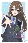  1girl :d artist_name black_jacket black_skirt blue_background blue_eyes blue_necktie border brown_hair character_name collared_shirt commentary_request curtained_hair floating_hair hair_between_eyes hair_ornament hair_tie happy_birthday highres jacket l5tctlgebjonsgu long_hair long_sleeves looking_at_viewer lyrical_nanoha mahou_shoujo_lyrical_nanoha_exceeds:_gun_blaze_vengeance necktie offering_hand open_hand open_mouth outside_border outstretched_arm parted_bangs plain_epaulettes ribbon_bar shirt signature simple_background skirt smile solo upper_body watermark white_border white_shirt x_hair_ornament yagami_hayate 
