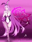  1girl ;) absurdres animal_ears black_pantyhose black_thighhighs breasts character_name cleavage commentary covered_navel diamond-shaped_pupils diamond_(shape) elf elysia_(herrscher_of_human:_ego)_(honkai_impact) elysia_(honkai_impact) english_commentary fake_animal_ears finger_to_mouth high_heels highres honkai_(series) honkai_impact_3rd large_breasts leotard long_hair looking_at_viewer multicolored_hair multicolored_leotard one_eye_closed pantyhose pink_background pink_hair playboy_bunny pointy_ears purple_eyes rabbit_ears shushing signet_of_ego single_leg_pantyhose single_thighhigh smile solo symbol-shaped_pupils thighhighs two-tone_hair two-tone_leotard very_long_hair white_hair zakigasm 