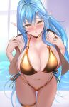  1girl absurdres alt_text bare_shoulders bikini blue_hair blush breasts cleavage commentary curvy elf gold_bikini gold_choker hair_ornament hairclip highres hololive large_breasts long_hair long_pointy_ears looking_at_viewer navel pointy_ears side-tie_bikini_bottom solo standing stomach swimsuit thick_thighs thigh_strap thighs untranslatable_commentary virtual_youtuber waniwani_(wasabiwaniwani) yellow_eyes yukihana_lamy 