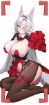  1girl absurdres animal_ear_fluff animal_ears balanche black_pantyhose blush breasts closed_mouth clothing_cutout commentary eun_soyeon_(lustyfox) fox_ears fox_girl from_side hand_up highres huge_breasts leotard long_hair long_sleeves looking_at_viewer looking_to_the_side mole mole_on_breast navel_cutout original pantyhose red_leotard simple_background smile solo thigh_strap thighs white_background white_hair yellow_eyes 