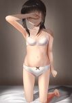  1girl arm_up armpits ass_visible_through_thighs bare_shoulders barefoot bed_sheet blush bow bow_panties breasts brown_hair collarbone commentary_request covering_own_eyes fubuki_(kancolle) full_body green_eyes highres indoors kantai_collection kneeling long_hair looking_at_viewer low_ponytail navel on_bed panties ponytail sidelocks small_breasts smile solo stomach thighs underwear underwear_only white_background white_panties zuki 
