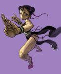  1girl bad_drawr_id bad_id black_dress bracelet closed_mouth copyright_request double_bun dress eyelashes fighting_stance flats foreshortening full_body hair_bun hands_up jewelry jonpei obi oekaki pelvic_curtain pink_shoes purple_background purple_eyes sash shoes short_hair simple_background solo spiked_bracelet spikes standing toned toned_female 