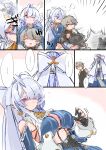  1boy 2girls ahoge animal_ears az79709363 bad_id bad_twitter_id black_gloves blonde_hair braid breasts cleavage fake_animal_ears from_behind gloves grey_hair hair_ribbon highres hug large_breasts long_hair multiple_girls norma_hollowell purple_eyes rabbit_ears ribbon school_uniform short_hair sweater velina_airgid white_hair wise_(zenless_zone_zero) zenless_zone_zero 