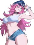  1girl absurdres belt_collar blue_eyes blue_hat breasts chain collar commentary crop_top denim denim_shorts final_fight hand_on_own_hat hand_on_own_hip hat highres long_hair looking_at_viewer micro_shorts midriff pink_hair pink_nails poison_(final_fight) shorts simple_background solo street_fighter taut_clothes white_background zeon_(zzeeonn) 
