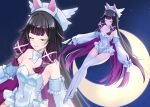  1girl absurdres alternate_costume animal_ears bare_shoulders black_hair blunt_bangs bow bowtie breasts breasts_apart bunny_day closed_eyes closed_mouth columbina_(genshin_impact) commentary_request covered_navel detached_sleeves eye_mask fake_animal_ears full_body genshin_impact hair_ornament hat hat_with_ears high_heels highres leotard light_smile long_hair long_legs long_sidelocks marufus mask multicolored_hair purple_hair rabbit_ears shoes sidelocks sleeves_past_fingers sleeves_past_wrists small_breasts solo strapless strapless_leotard very_long_hair white_bow white_bowtie white_hat white_leotard white_shoes white_sleeves wing_hair_ornament zoom_layer 
