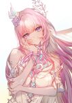  1girl arm_under_breasts bare_shoulders breasts closed_mouth commentary cyrene_(demiurge)_(honkai:_star_rail) cyrene_(honkai:_star_rail) detached_sleeves diamond-shaped_pupils diamond_(shape) flower hair_flower hair_ornament hand_on_own_cheek hand_on_own_elbow hand_on_own_face head_tilt highres honkai:_star_rail honkai_(series) large_breasts long_hair looking_at_viewer pink_hair purple_eyes sera_(serappi) simple_background smile solo symbol-shaped_pupils upper_body very_long_hair white_background 