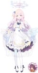  1girl :d absurdres black_shoes blue_archive blue_flower blue_hair blue_halo blunt_bangs blush breasts chinese_commentary commentary_request dress feathered_wings flower frilled_dress frills full_body gradient_halo hair_bun hair_flower hair_ornament halo hands_up high_heels highres long_hair looking_at_viewer low_wings medium_breasts mika_(blue_archive) multicolored_hair multicolored_halo open_mouth own_hands_together pantyhose pink_hair pink_halo sailor_collar sailor_dress shawl shoes sidelocks simple_background smile solo standing streaked_hair watermark white_background white_dress white_pantyhose white_sailor_collar white_shawl wings xuezai yellow_eyes 