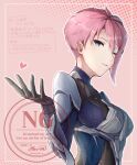  1girl asymmetrical_hair blowing_kiss blue_eyes blue_eyeshadow breasts commentary_request eyeshadow heart highres inset_border liesel_(xenoblade) makeup one_eye_closed outside_border pink_background shi-on short_hair smile solo upper_body watermark xenoblade_chronicles_(series) xenoblade_chronicles_x 